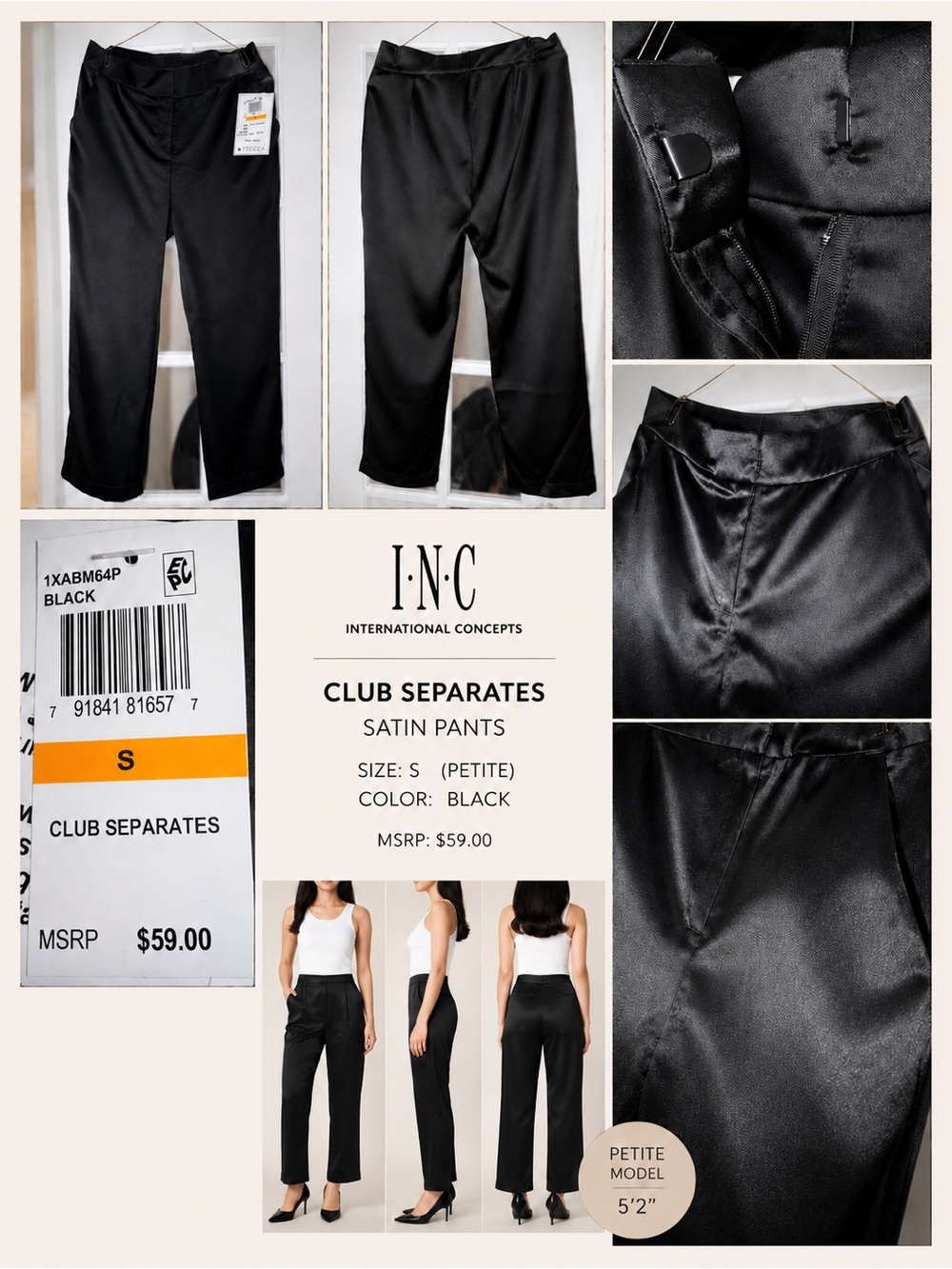 INC International Concepts Black Satin Wide Leg Pants
